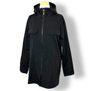 Dana Buchman Black Hooded Raincoat Zip Up Thigh Length Car Coat Jacket Sz M